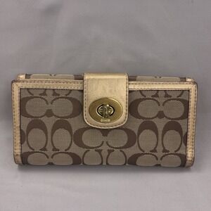 Coach Turnlock Wallet Womens Beige Brown Logo Canvas Leather Slim Envelope